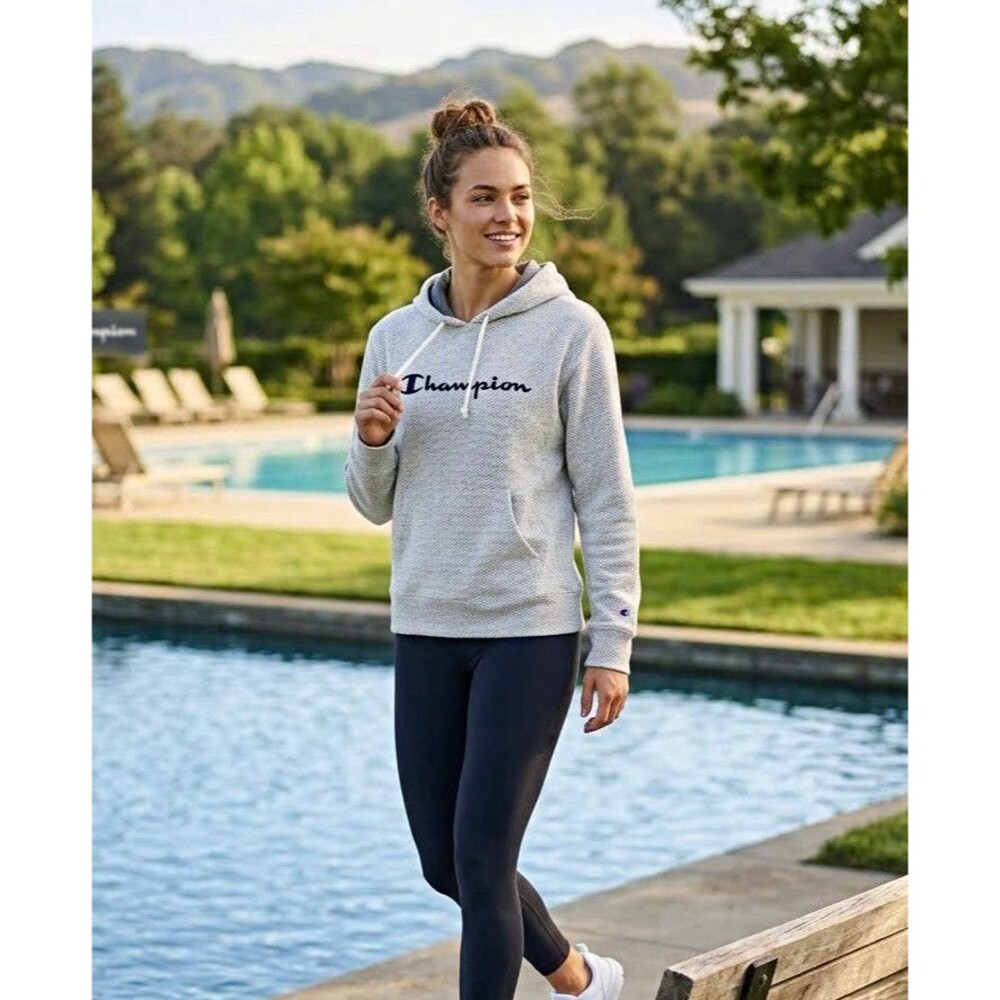 Champion Women's Big Embroidered Logo Zigzag Herringbone Textured Hoodie Pocket